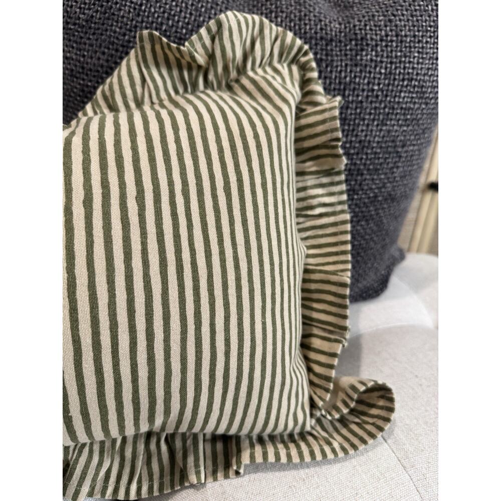 New Cottage Farmhouse Vintage Olive Green Stripe Ruffle Lumbar Accent Pillow - Picture 11 of 13